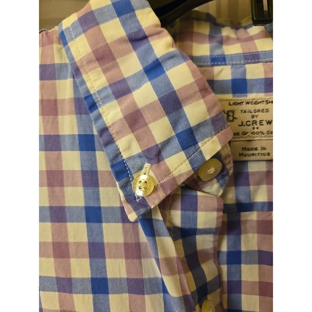 J. Crew Small Men Button Up Blue Purple White Checked Long Sleeve Cotton‎
